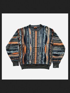 Missoni 3D Knit Sweater w/ vertical geometric patterns in Black, Grey, & Orange
